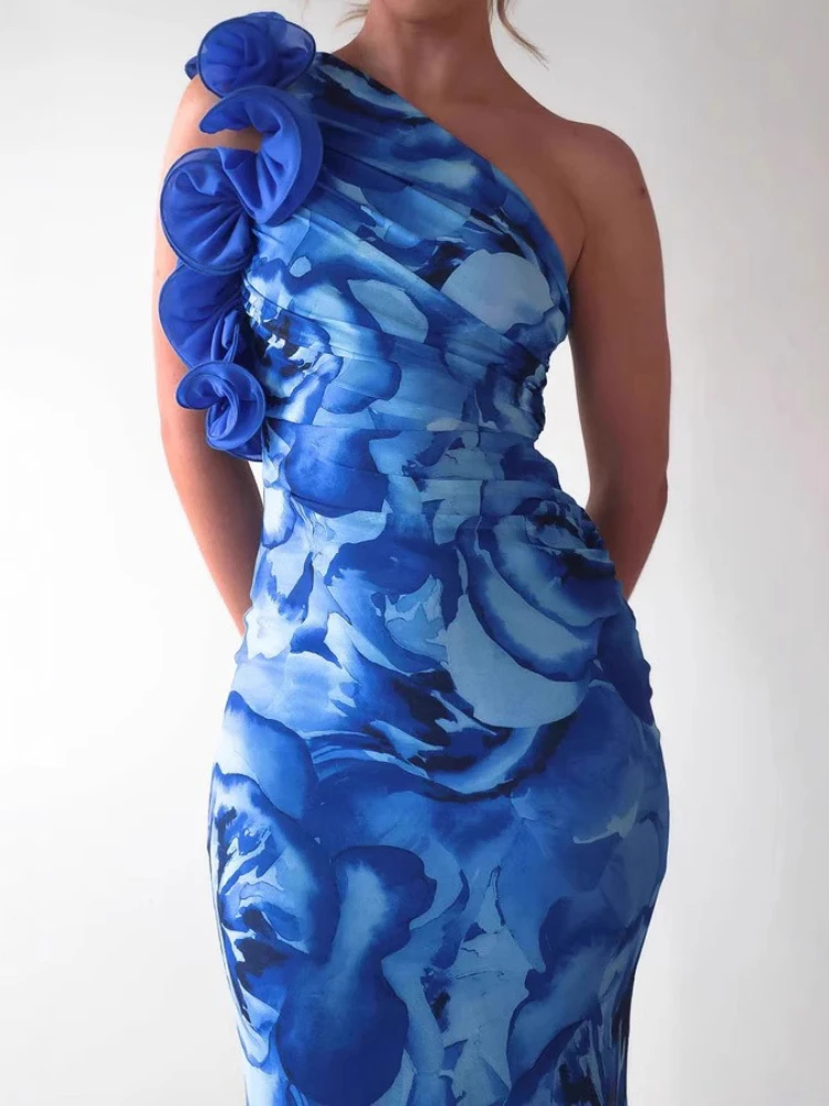

2025 Summer Fashion New Women's Elegant and Sexy Dress Sleeveless Slant Shoulder Vacation Leisure Bag Hip Tie Dyeing Long Dress