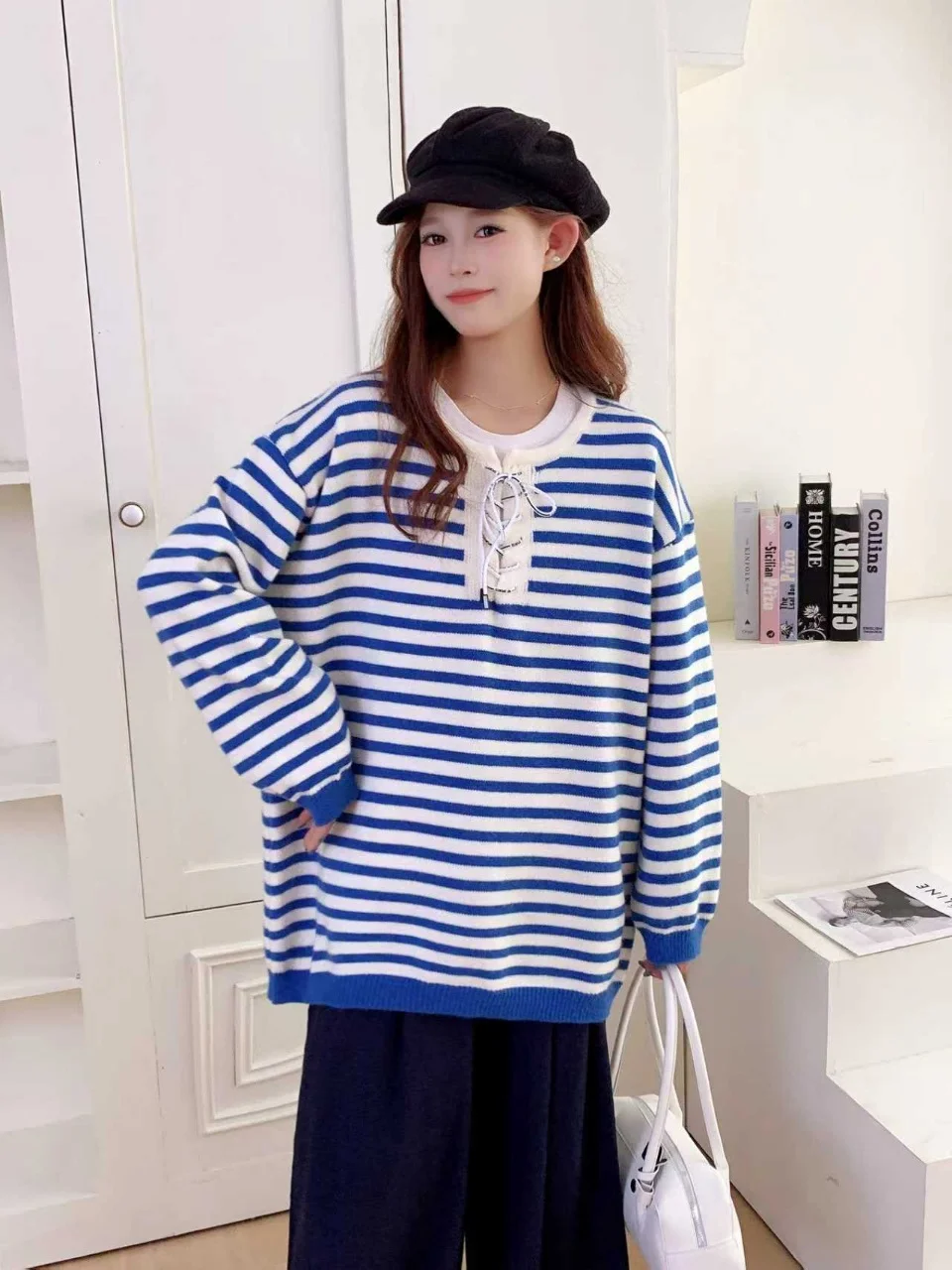 

Ladies Long Sve Knitted Sweater Loose Fit Overhead Sle Autumn Winter Outerwear Polyester Fiber Warm round Ne Striped D...