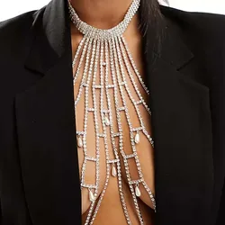 Stonefans Neck Pearl Mesh Novelty Chest Chain for Women Bikini Jewelry Design Rhinestone Club Sexy Lingerie Nightwear Costume