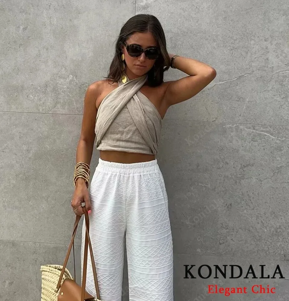 KONDALA مثير عادية كروس بروتيل مجموعة علوية المرأة الجديدة 2025 الربيع الصيف موضة عطلة الشاطئ مجموعة بناطيل رجالي الرسن مع بانت