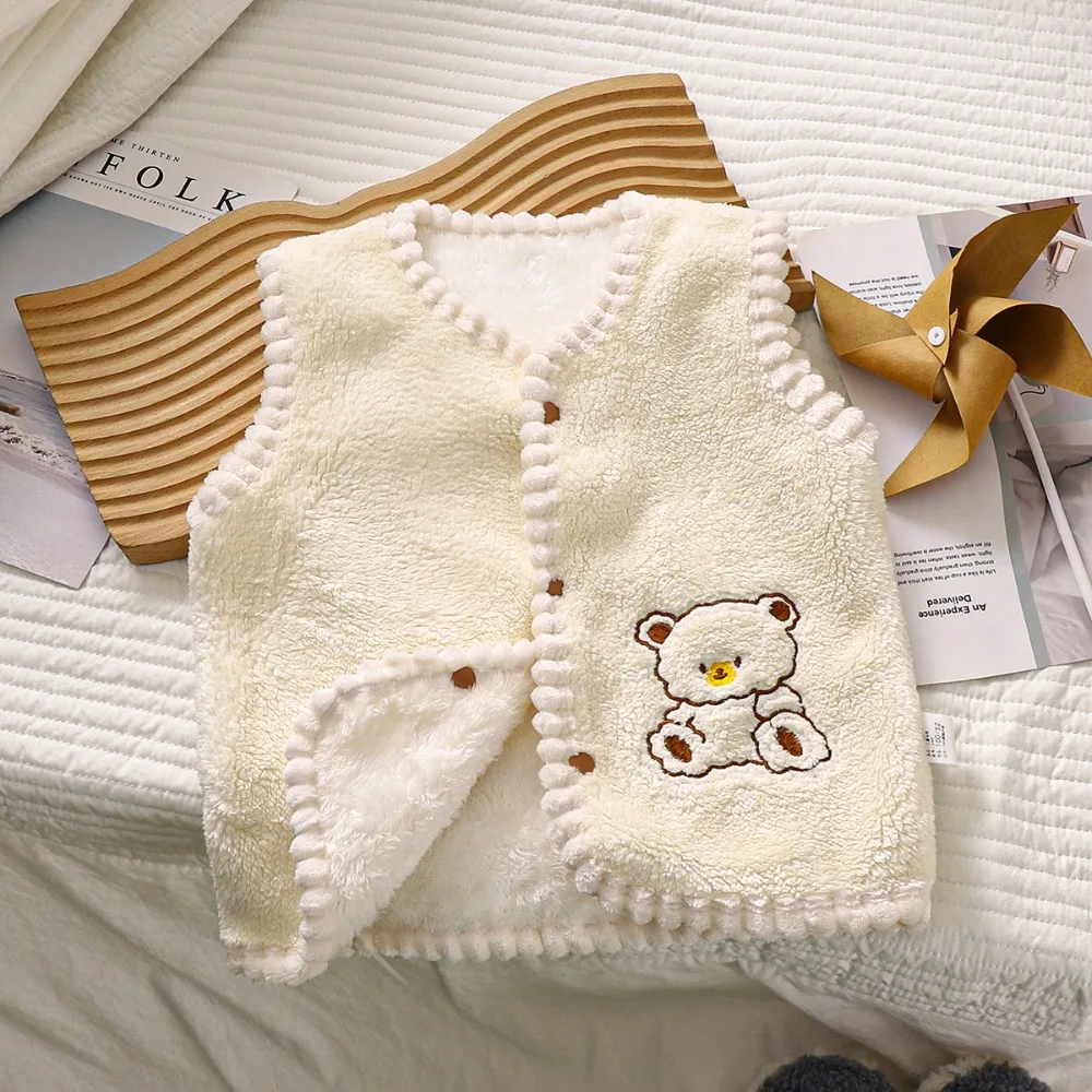 

Fashion Fleece Lined Children's Vest Embroidered Bear Korean Style Outerwear Warm Vest Buttoned Tank Top Autumn Winter