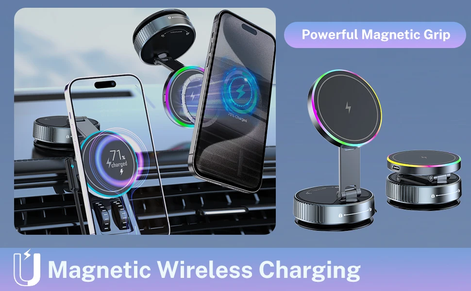 Kühlendes kabelloses Ladegerät, Autotelefonhalter mit atmender RGB-Licht, magnetische Saug-Handyhalterung für iPhone 12/13/14/15/16 – Detail 1