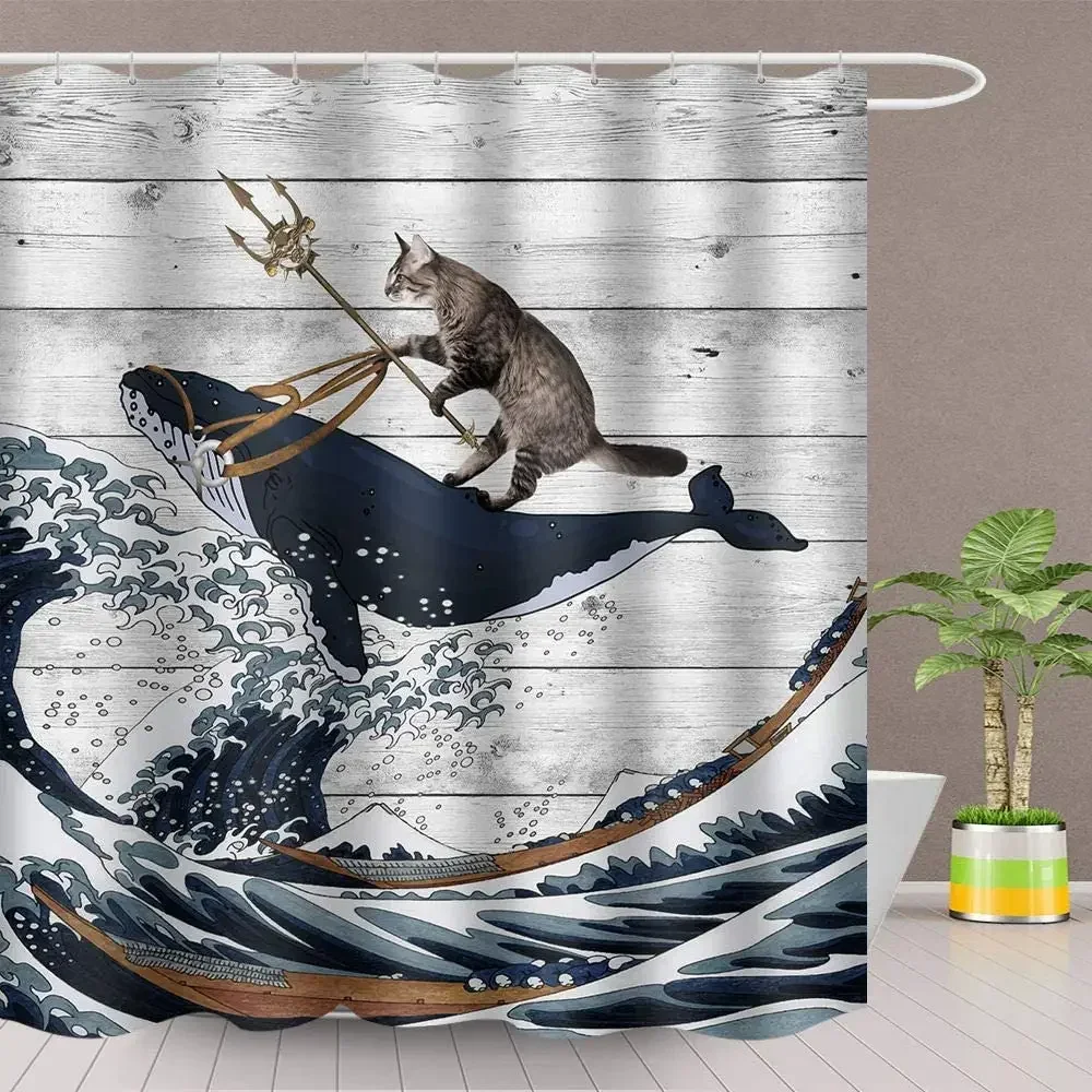 Animal By Ho Me Lili Shower Curtain Cats Fighting  Back Whale Waves Board Bathroom Decoration Set Polyester Fabric With Hook