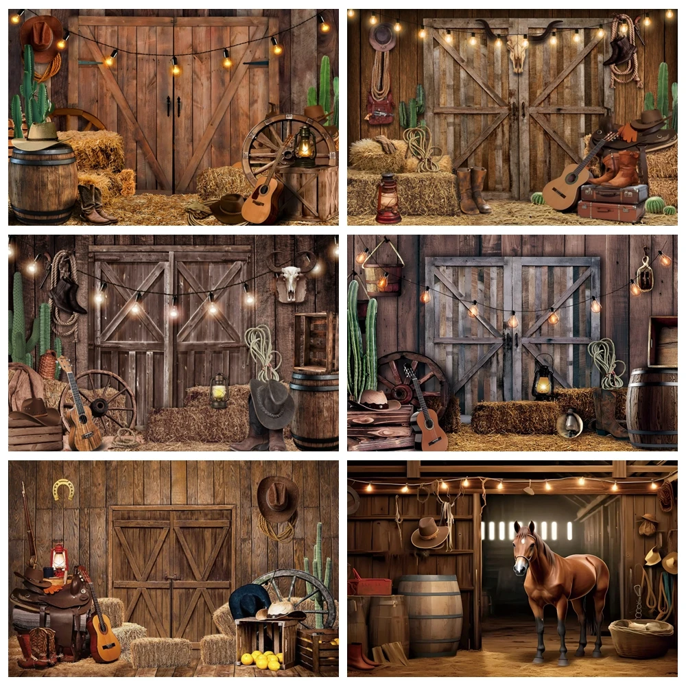 

Western Cowboy Backdrop for Photography Wild West Rustic Farm Barn Haystack Hay Bale Wheel Kids Birthday Background Photo Studio