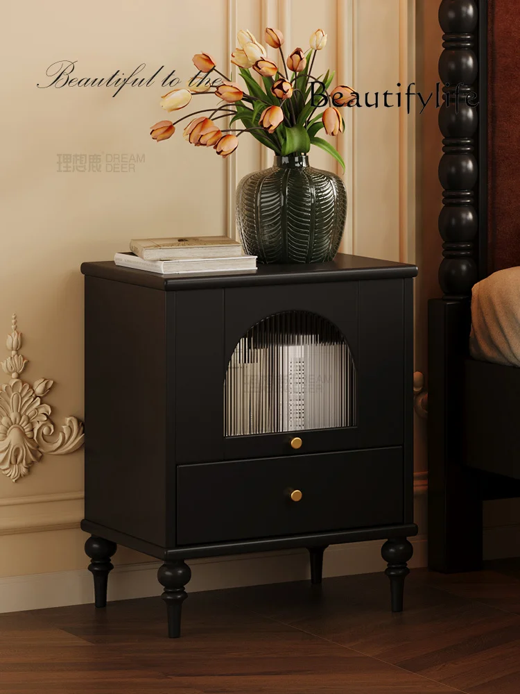 

American Bedside Table Retro Black Solid Wood Small Cabinet Home Bedroom Bedside Storage Locker