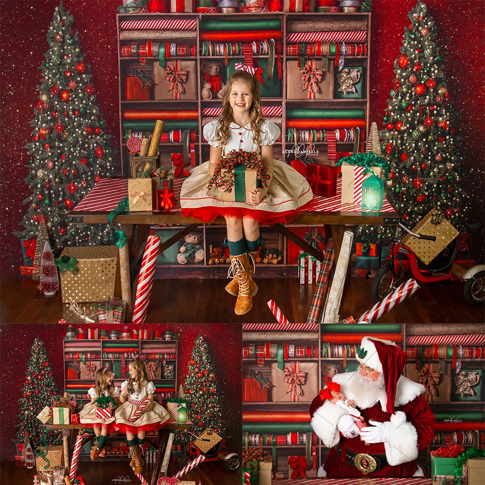 Christmas Gifts Shelf Photography Background Toy Bear Xmas Tree Red Wall Backdrop Winter Kids Wrapping Gift Studio Photobooths