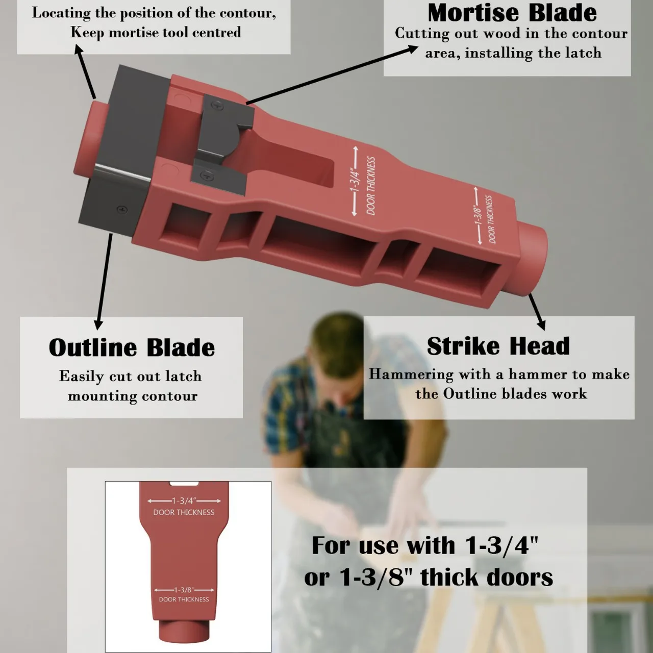 أداة نقر مزلاج الباب مجموعة تركيب مزلاج الباب الدقيقة للتسجيل والإزميل تناسب باب خشبي سميك 1-3/8 بوصة أو 1-3/4 بوصة #2