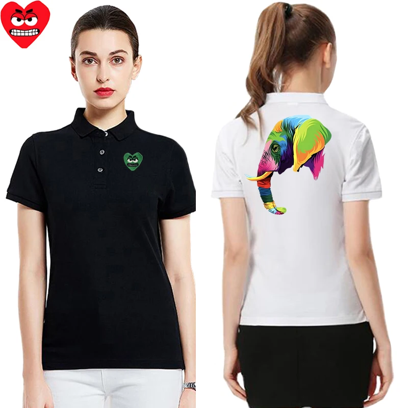 Break Egg Women Polo Shirt Cotton Cartoon Teeth Embroidery Elephant Print Short Sleeve Women Summer Polo Shirt