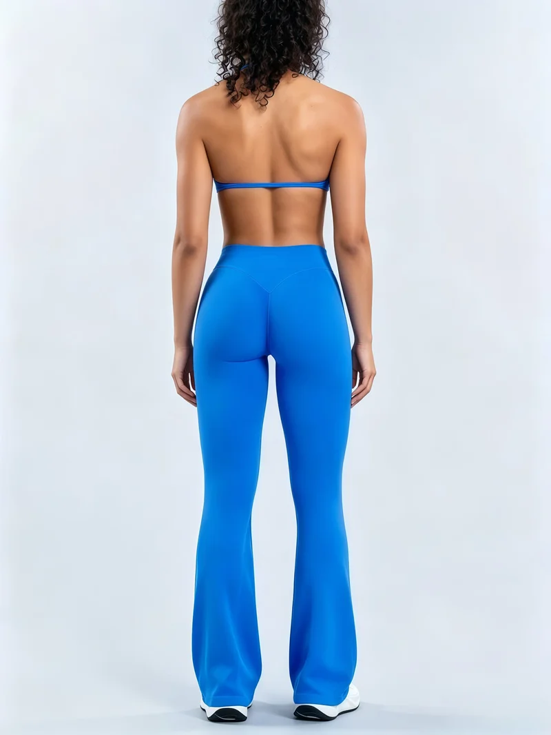 2Pcs Flare Leggings Set Women Halter Neck Ruched Open Back Sports Bra High Waist Scrunch Butt Seamless Gym Fitness Workout Suit