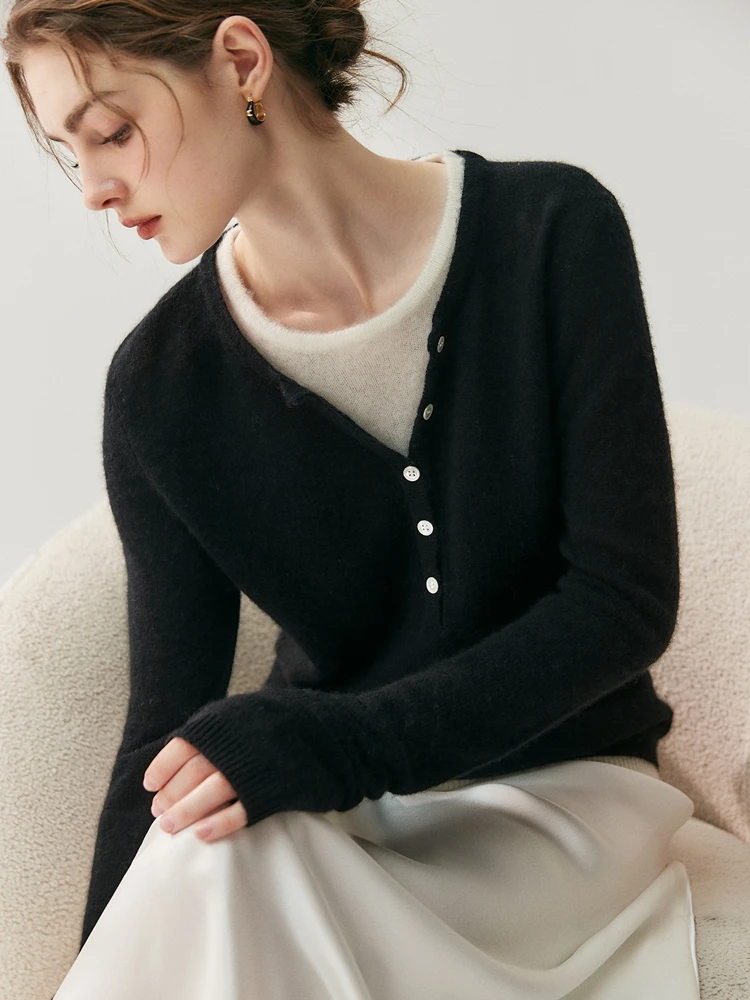 TLOML Chic Donna 100% Maglione di Cachemire Girocollo con Scollo a V Color Bloccato Falso Pullover in Due Pezzi Autunno Inverno Morbido Caldo Cashmere Magliette E Camicette