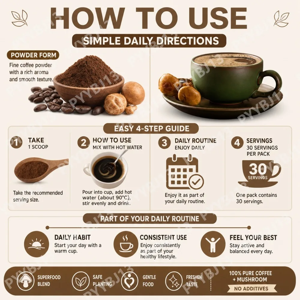 Googeer Instant Mushroom Coffee Powder with Black Coffee, Sweetened with Xylitol, Original Flavor, 30 Sachets, 2g Each, Net 60g - view 5