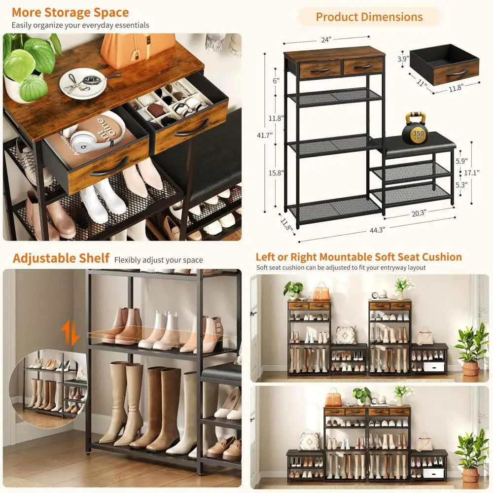 

5-уровневая полка для обуви с мягким сиденьем, 44,3 x 11,8 x 41,7 дюймов, органайзер для хранения в прихожей и гардеробной