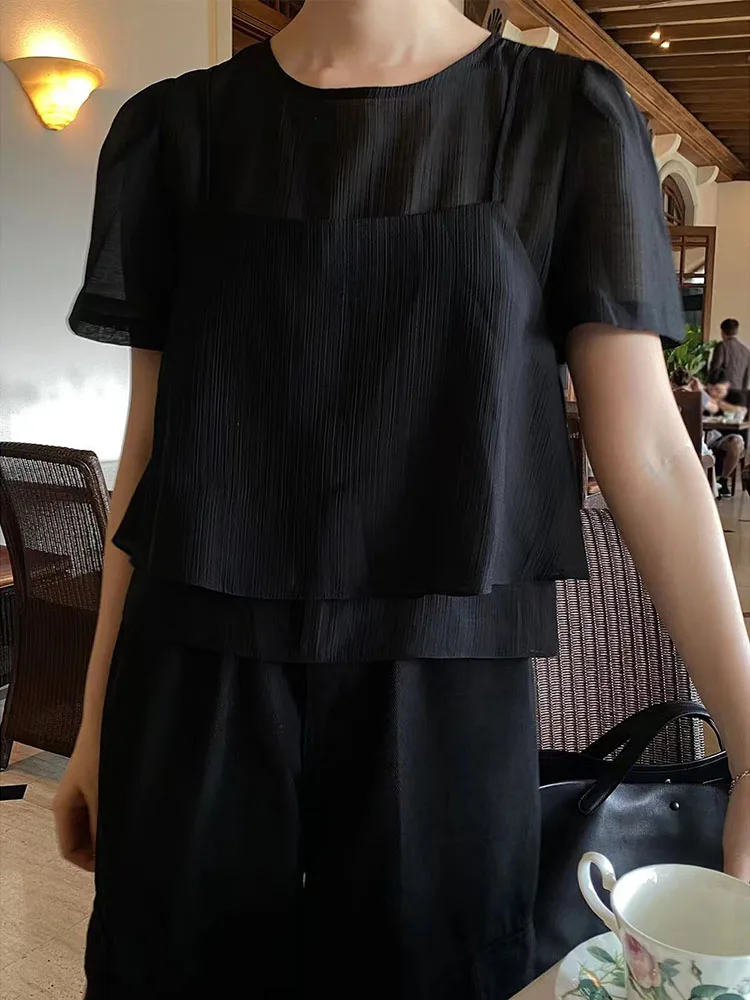 Women's Summer Chiffon See Through Shirt Two-piece Sets Korean Fashion Short Sleeve Blouses Tops+Chic Short Sling Camisole Suits