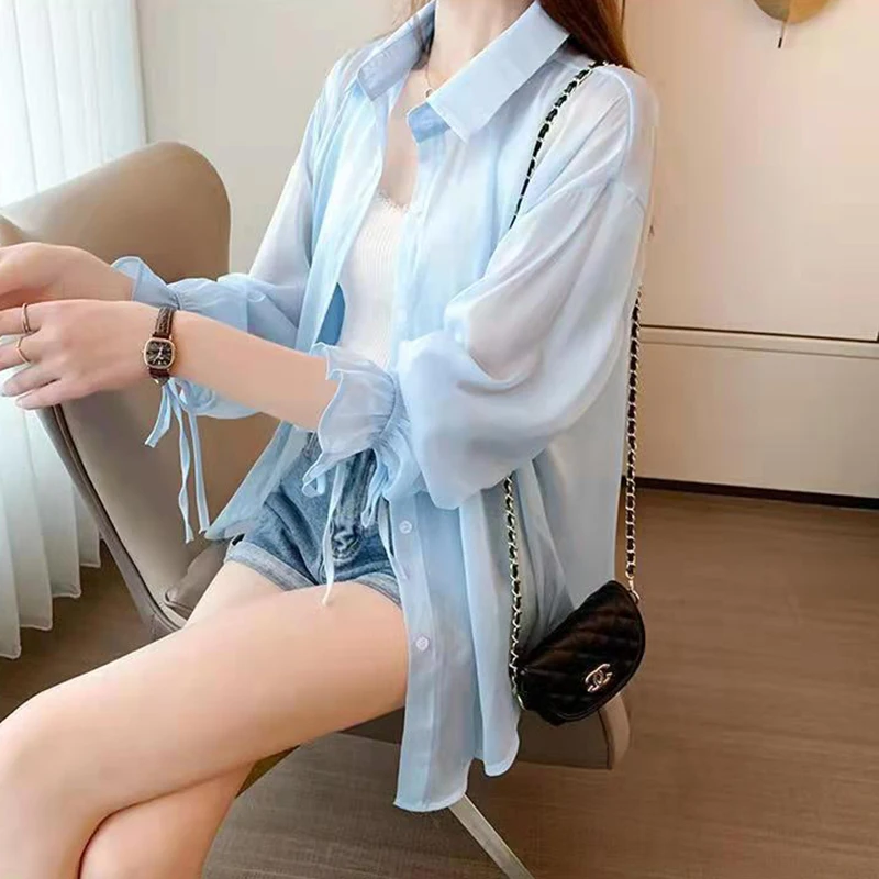 Chiffon Loose Sun Proof Blouse Women Elegant Fashion Lazy Wind Thin Shirt Sweet Long Sleeve Lace Up Female Design Solid Tops New