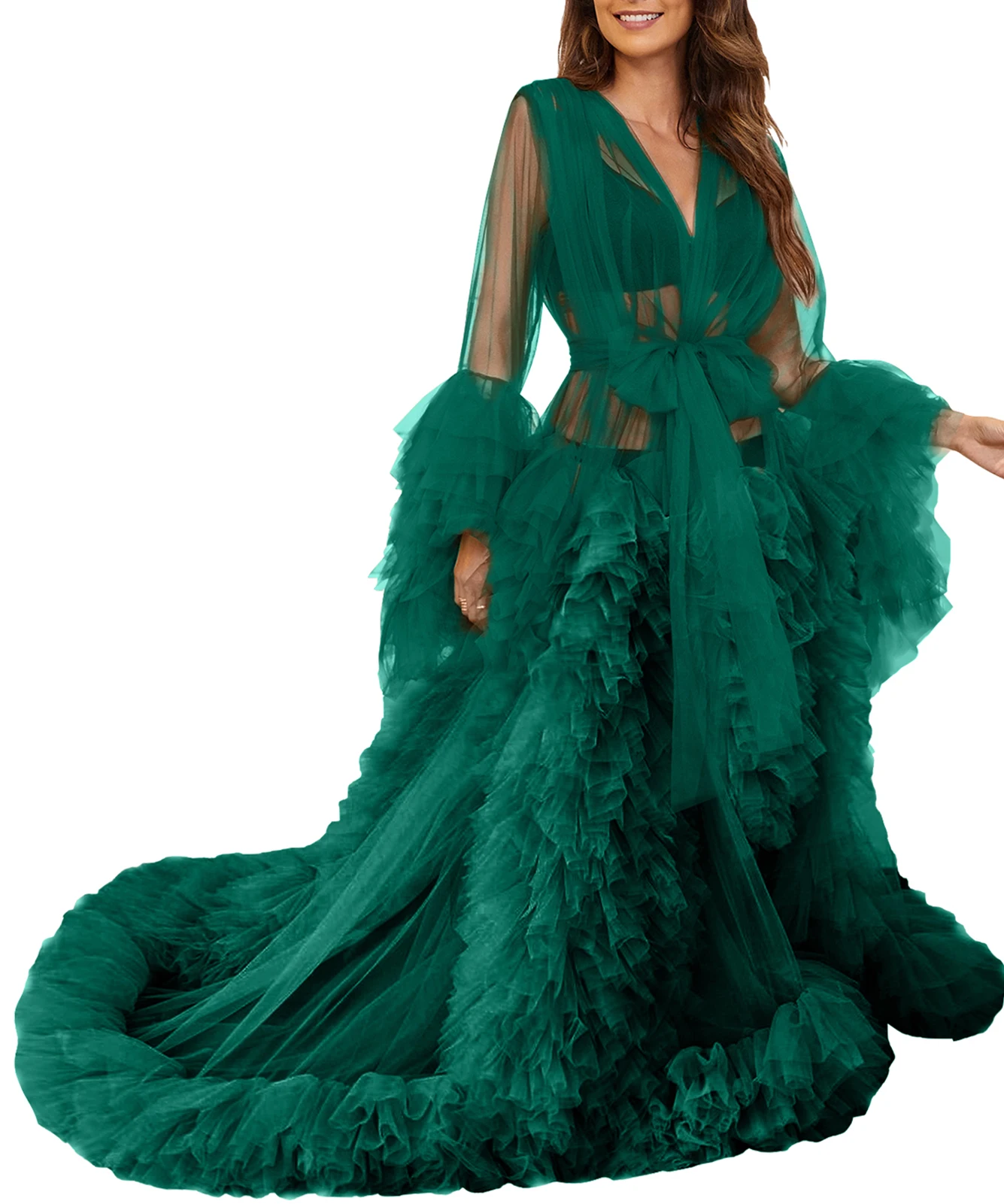 

Green Maternity Robes Sexy Tulle Wedding Shawl for Photo Shoot Baby Shower Long Sleeve Ruffle Photography Party Gowns Real Image