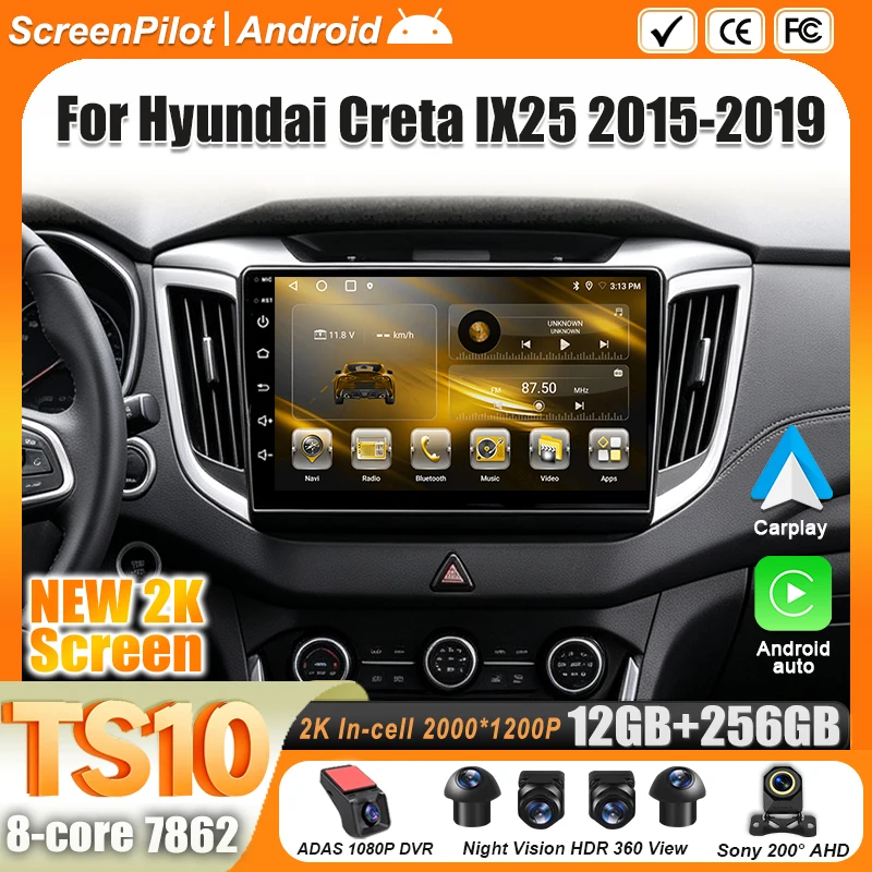 Android 16 For Hyundai Creta IX25 2015-2019 Car Radio Stereo Head Unit Multimedia Video Player GPS Navigation 2K QLED 9 Inch 5G