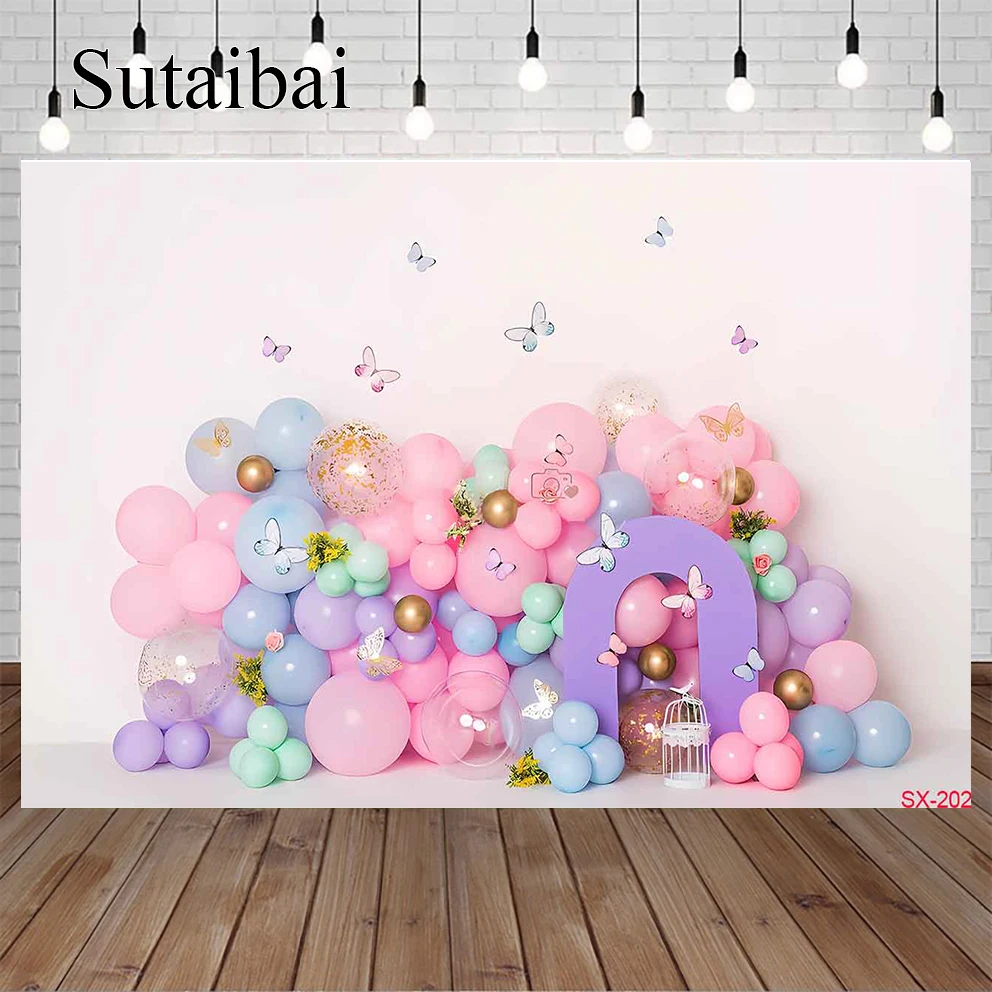 Photography Background Pink Balloon Garden Floral Butterfly Girl 1st Birthday Party Portrait Decor Backdrop Photo Studio