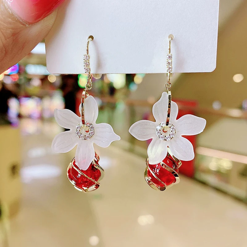 White Flower Drop Earrings Red Imitation Pearl Long Earrings Opal Earring Party Wedding Jewelry Gifts For Women