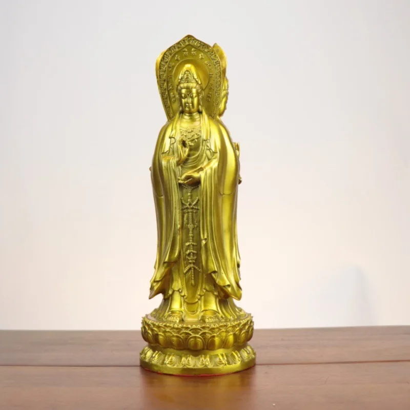 Metal Alloy Imitation Brass Three-Faced Guanyin Bodhisattva Figure Buddha Statue Home Decoration Ornament