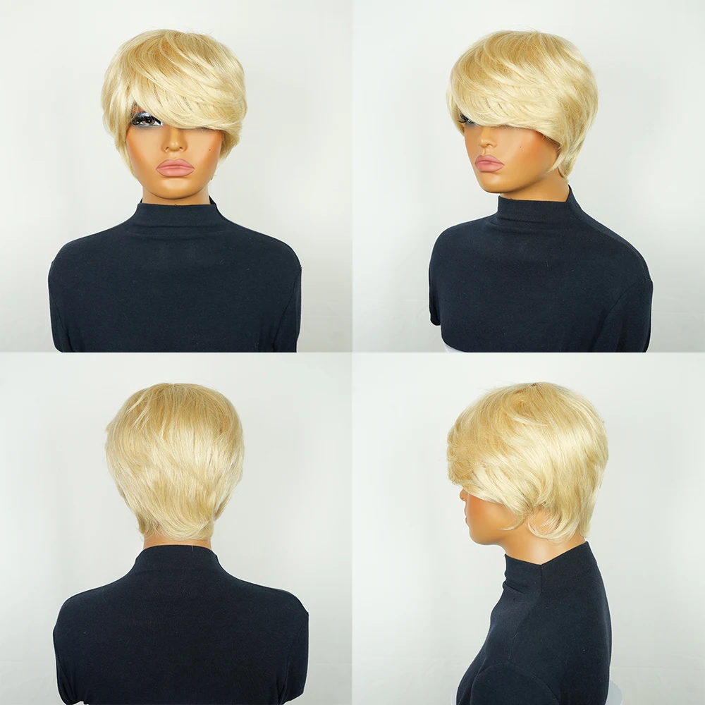 Wig Bob Pendek Rambut Asli 613 Pirang Lurus dengan Poni Pre Plucked Wig Pixie Cut Berlayer Topi Buatan Mesin Penuh untuk Wanita