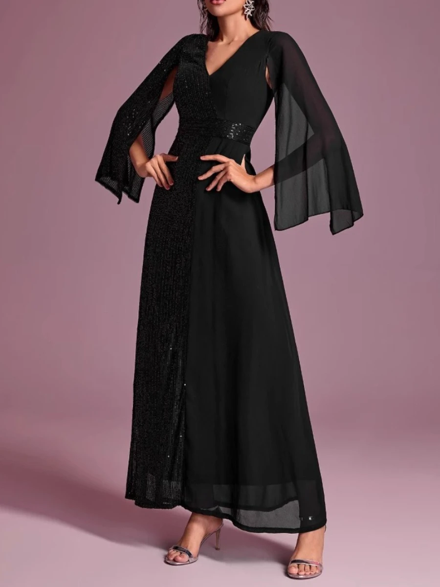 VGH พรหมชุดราตรี Spliced Sequins ชุดผู้หญิง V คอแยกแขนยาวเอวสูง Patchwork ตาข่ายชุดราตรีหญิง