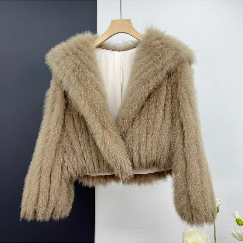 Abrigos de piel Sexy para mujer, chaquetas con cuello azul marino, ropa de estilo corto con rayas de zorro Real, Tops con hebilla Invisible con gancho para chica caliente, Invierno