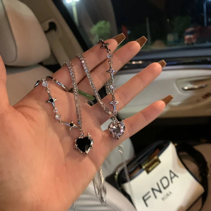 Korean Fashion Purple Crystal Heart Pendant Necklace For Women Black Crystal Girl Cool Clavicle Chain Y2k Aesthetic Jewelry Part