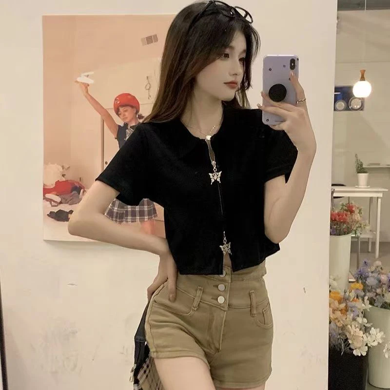 Bow Double Zipper T Shirt Women Korean Slim Fit Y2K Black Turn Down Collar Short Sleeve shirt Summer Fashion Sweet Chic Crop Top