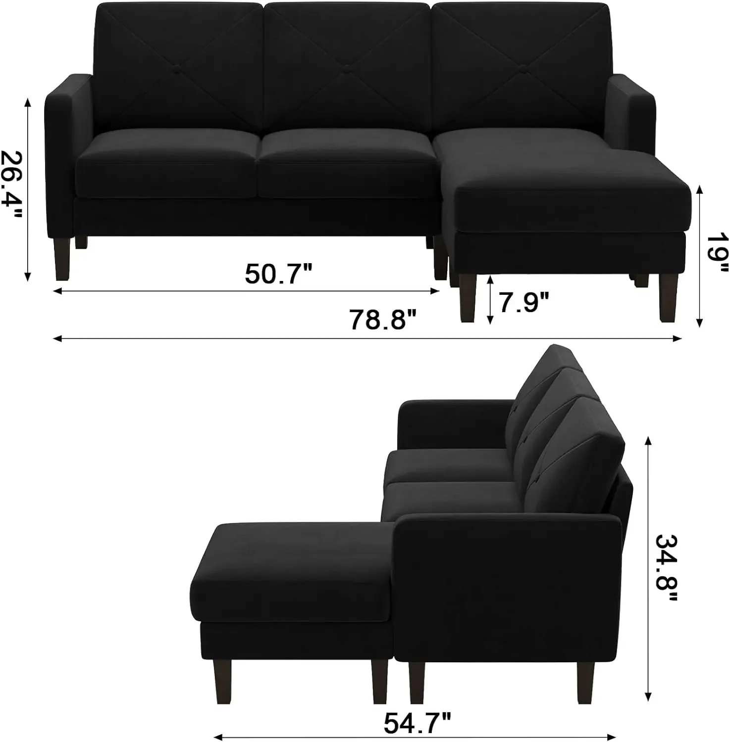 Velvet Convertible Sectional Sofa w/ Chaise Small L Shaped Couch w/ Reversible Chaise 3Seater Sofa Sectional Set for Small Space