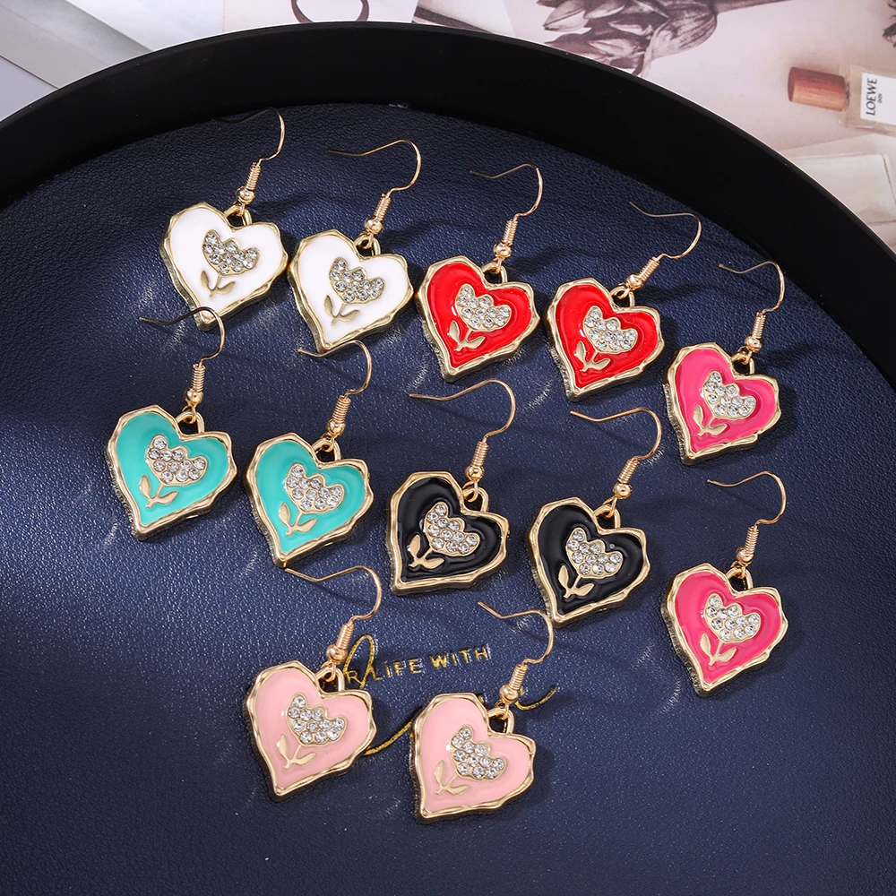 Aihua Romantische Niedliche Rosenblüten-Herz-Ohrringe für Frauen Bunte Kristall-Herz-Ohrringe Freundin Mode-Schmuck-Accessoires – Detail 1