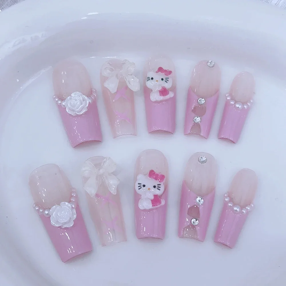 Sanrio-impresión francesa hecha a mano para uñas, Hellokitty, rosa blanca, cereza, chica, puntas de uñas usables, ataúd largo, uñas postizas cuadradas, regalo