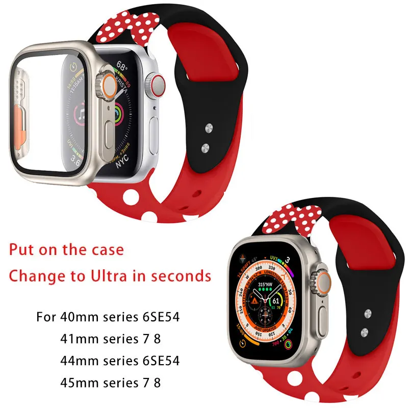 Case+Strap For Apple Watch Band 41mm 40mm 44mm 45mm Tempered Glass Cover Change to Ultra iWatch 8 7 SE 6 5 4 3 Pink Red Band