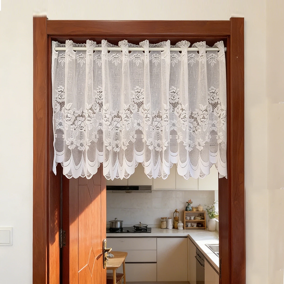 Korean small fresh white lace mesh sheer flower coffee half curtain door kitchen bedroom window partition curtain drape QT030-40