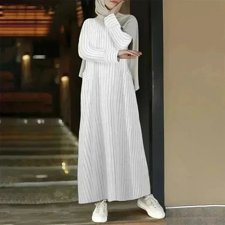 

Muslim Abayas for Women Retro Women's Cotton and Hemp Pullover Round Neck A-line Skirt Dress Casual Temperament Stripes Abayas