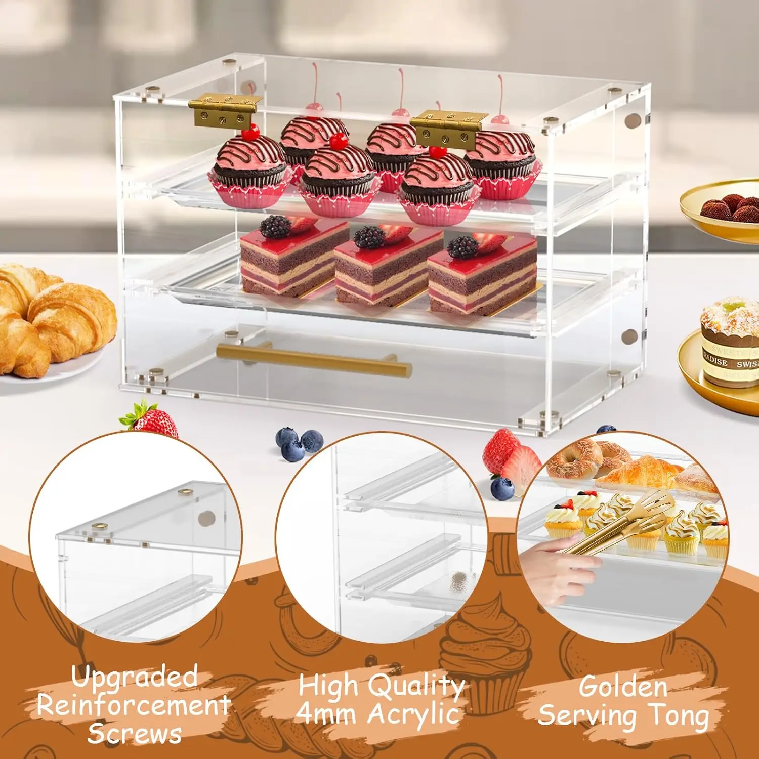 Bakery Display Case Countertop, Pastry Display Case With Serving Tong Commercial Clear Acrylic Bread Box Display Case With