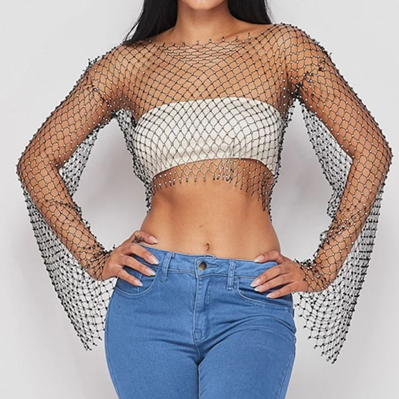 

Women's Top Fishing Rhinestone T-shirt Sexy Spicy Girl Nightclub Net Shirt Hollowed Out