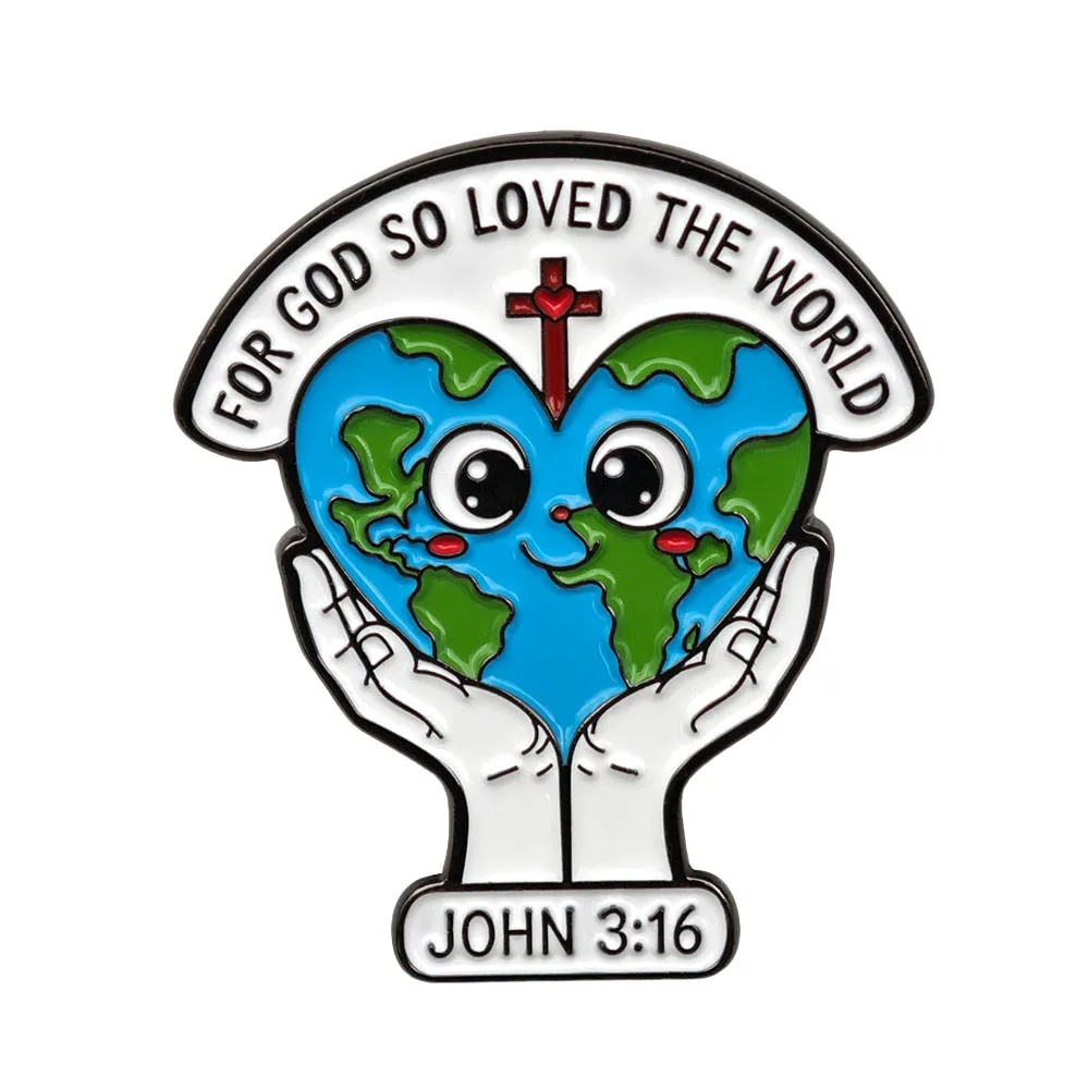 For God So Loved The World Brooch Christian Bible Verse John 3:16 Metal Lapel Pin Cute Heart Earth Cross Badge Jewelry Gift