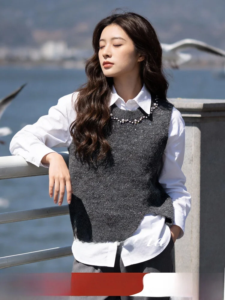 

iny Tead Knitted Vest plus Size Spring Season Versatile Slimming Layering Tank Top Commute Sle round Ne No Sve