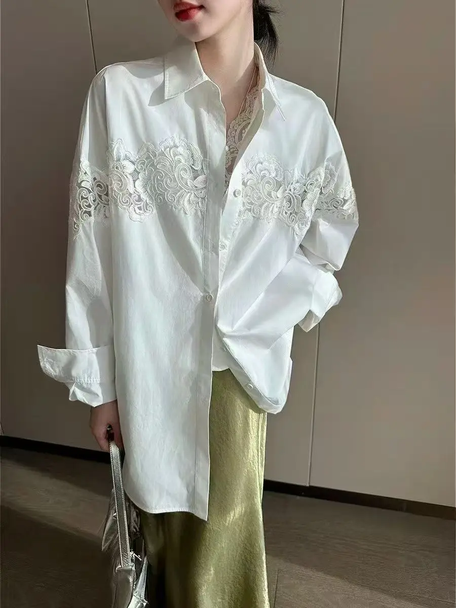 

High-end Hollow Out Flowers Embroidery White Cotton Shirts Blouses for Women's Long Sleeve Loose Casual Long Tops Woman Clothes