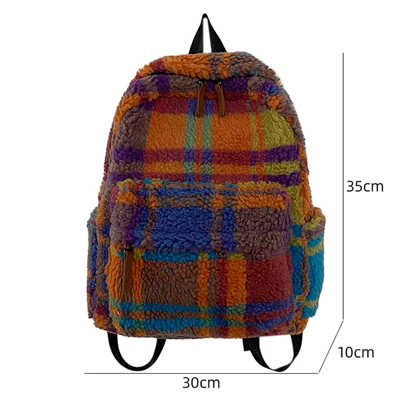 Fluffy Backpack Large Capacity Daypack Multi-Pocket Laptop Pack Winter Soft pack Women Plush School Backpack Vintage Plaid Bag