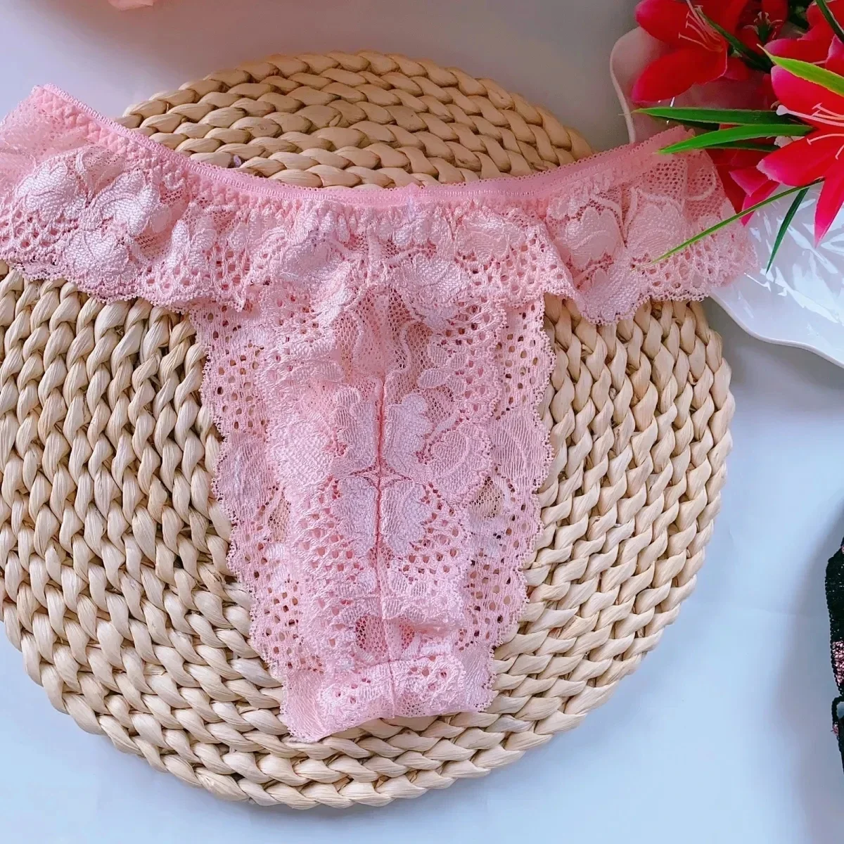 

Man's Lace Featured Pink Pants T- Breifs Live Show Dance Sexy Costumes DJ Club Bar Private Party Cos. Harajuk