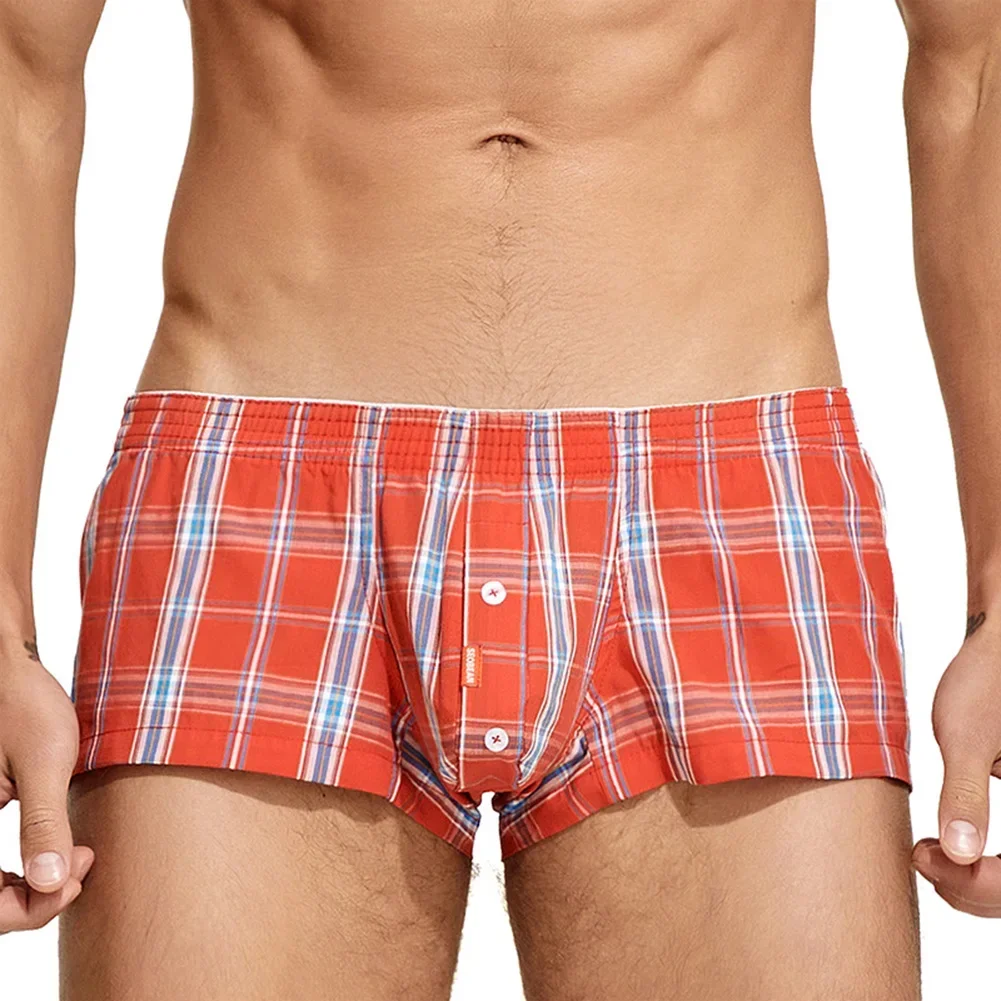 Mens Plaid Casual Briefs Underwear Sexy Bulge Button Pouch Sissy Underpants Loose Comfortable Shorts Homewear Low Rise Panties