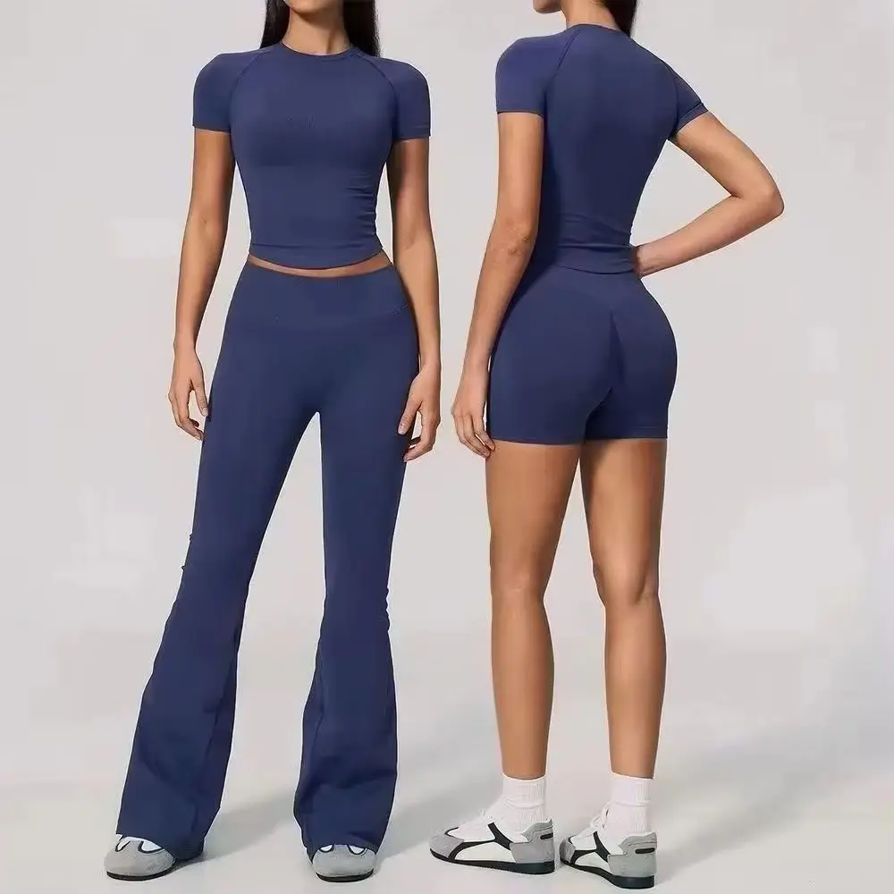 Women Seamless Ribbed 2 Piece Yoga Set Workout Short Sleeve Crop Top Scrunch Butt Pants Shorts Fitness Gym Yoga Pilates Training