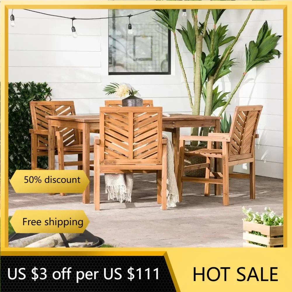 

4 Person Outdoor Wood Chevron Patio Furniture Dining Set Table Chairs All Weather Backyard Conversation Garden Poolside Balcony