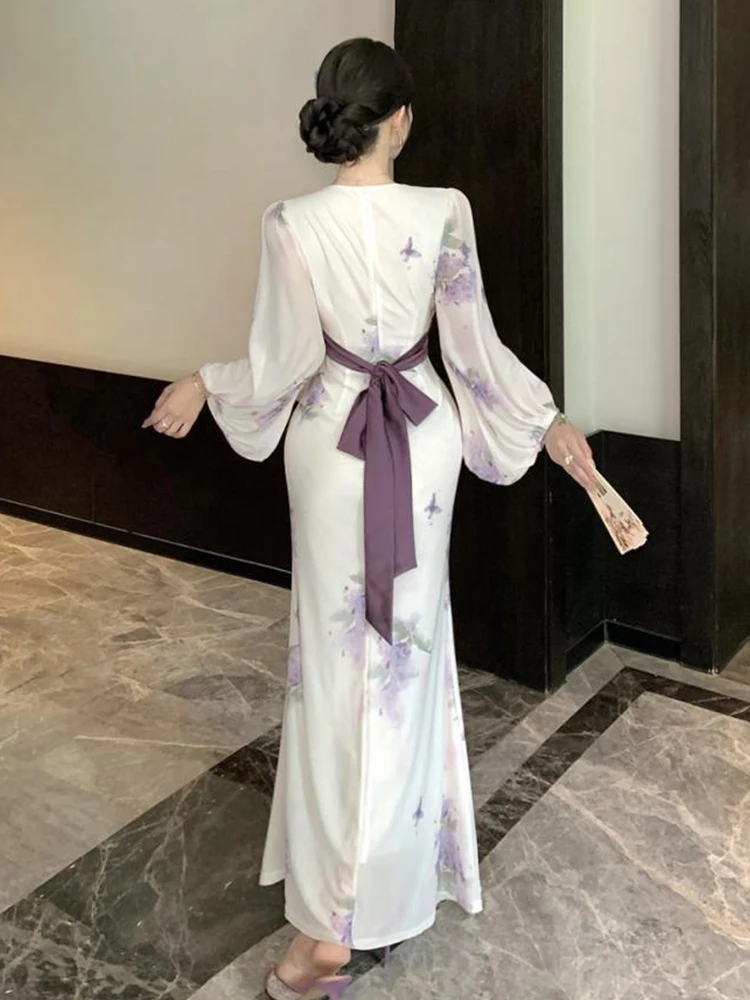 Vrouwen Kleding Zoete Bloemenprint V-hals Lace-Up Slanke Maxi Lange Jurk Elegante Dame Party Prom Vestido Gewaad Boho Casual Koreaanse Nieuw