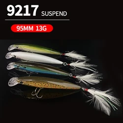 95mm 13g Floating Minnow Fishing Lures Tie Feather Hooks Wobblers Artificial Bait for Freshwater Pike Trout Swimbait Equipment