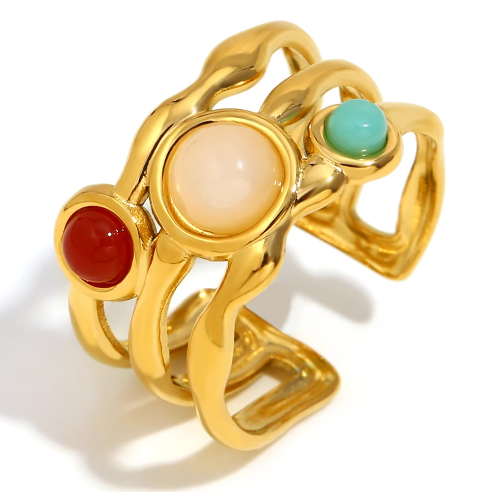 

Кольца из нержавеющей стали с покрытием из 18-каратного золота, эффектные ювелирные изделия из натурального камня, регулируемые водонепроницаемые повседневные кольца для женщин, подарок