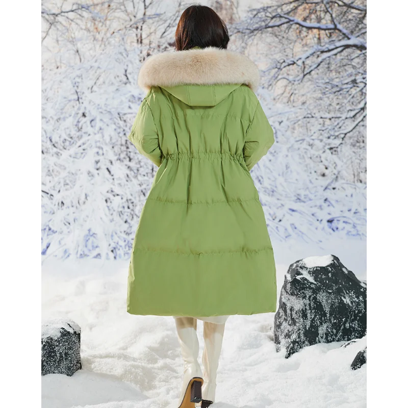 Pregnant Woman White Duck Down Jackets Hooded Warm Fur Fox Collar Oversize Winter Long Coats Clothes Loose Parkas Green Clothing