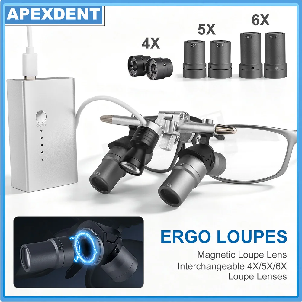 4X5X6X Magnetic Lens Dental 48° Ergo Loupes With 5W LED Headlight Dentistry Optical Surgical Magnifier Adjustable PD