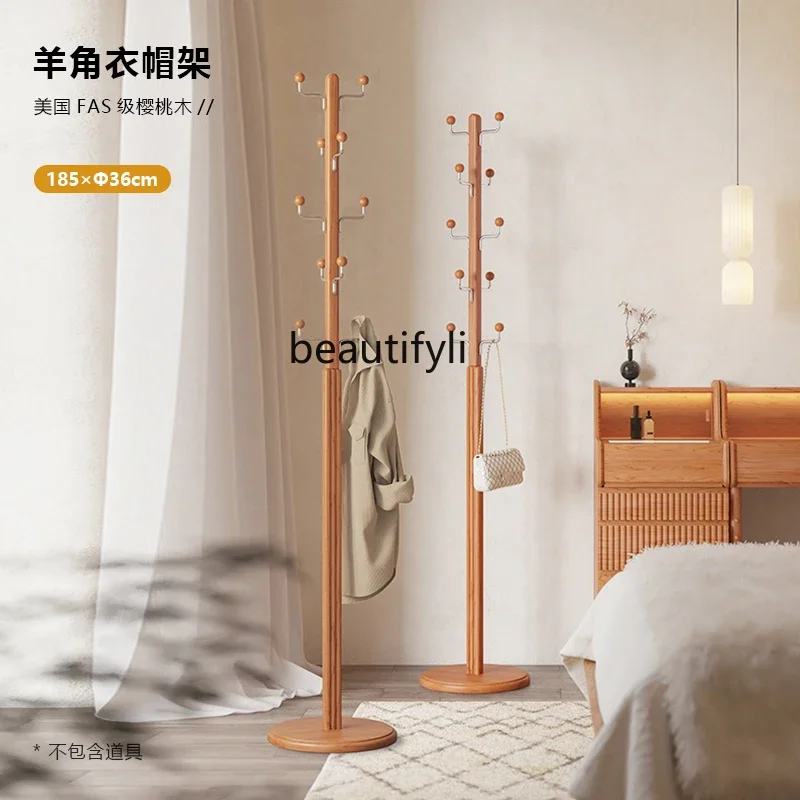 Solid Wood Coat and Hat Rack Cherrywood Floor Hanger Hallway Vertical Clothes Rack